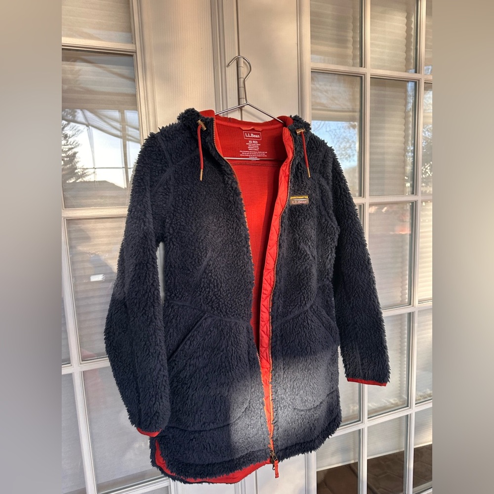L.L. Bean Women’s Navy Sherpa Hooded Long Fleece Jacket with Rust/orange Lining